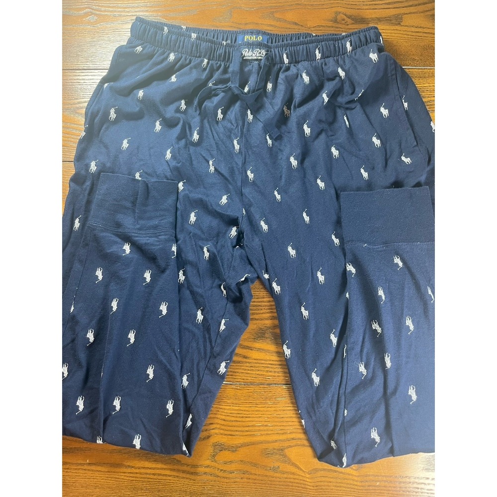 Polo Ralph Lauren Lounge Pants Mens L Blue Pony Logo AOP Pajama Sleepwear Cotton